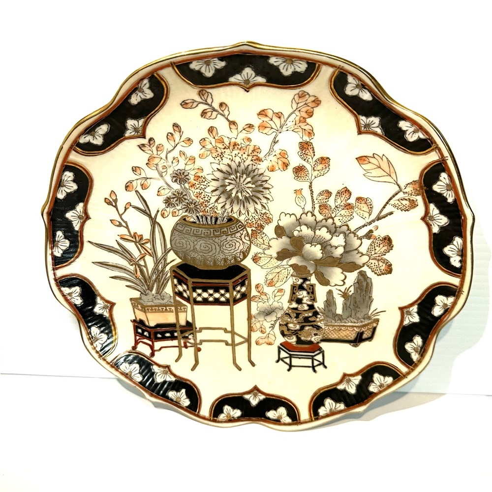 Vintage Art Toyo HFP Macau Hand Painted 9” Plate Black & Gold Asian Design